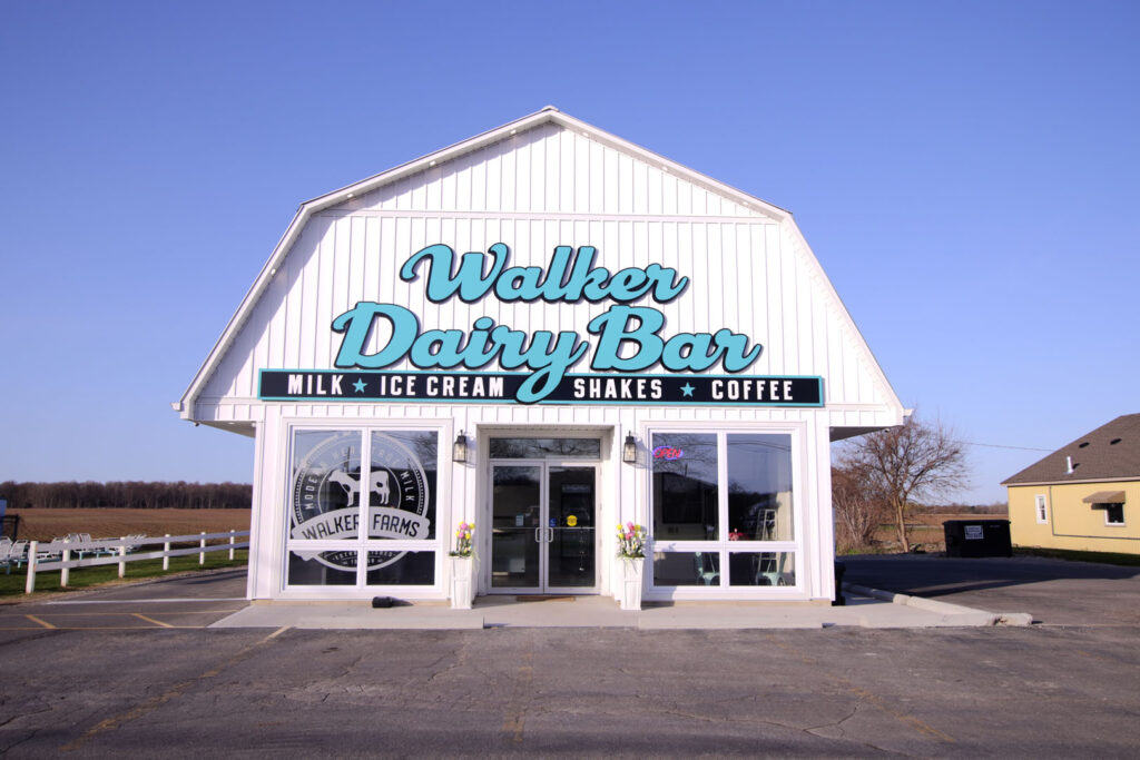 Walker Dairy Bar in Aylmer Ontario featuring Walker Farms A2 protein milk and other local products, including Shaw's Ice Cream, Las Chicas Coffee, Mr. Amish butter/eggs/maple syrup, Sassy's homemade bread, Stoll's Honey and baked goods from Grandma's Oven, Spicer's Bakery, Helm Baked and the Fritter Shop.