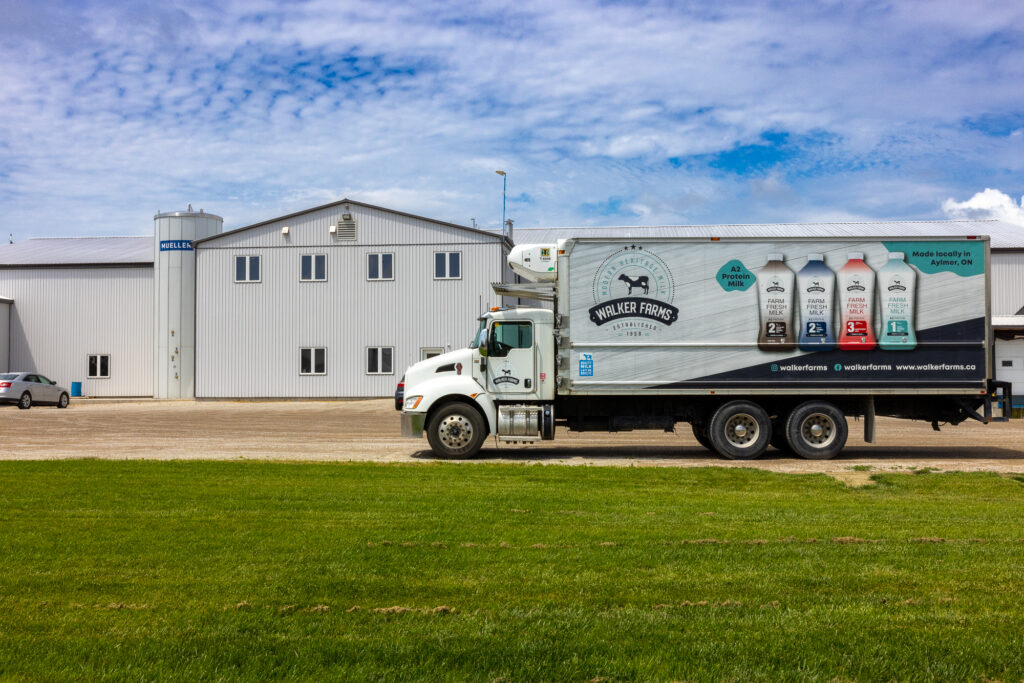 A Walker Farms truck ready to deliver local Canadian milk to nearby stores.